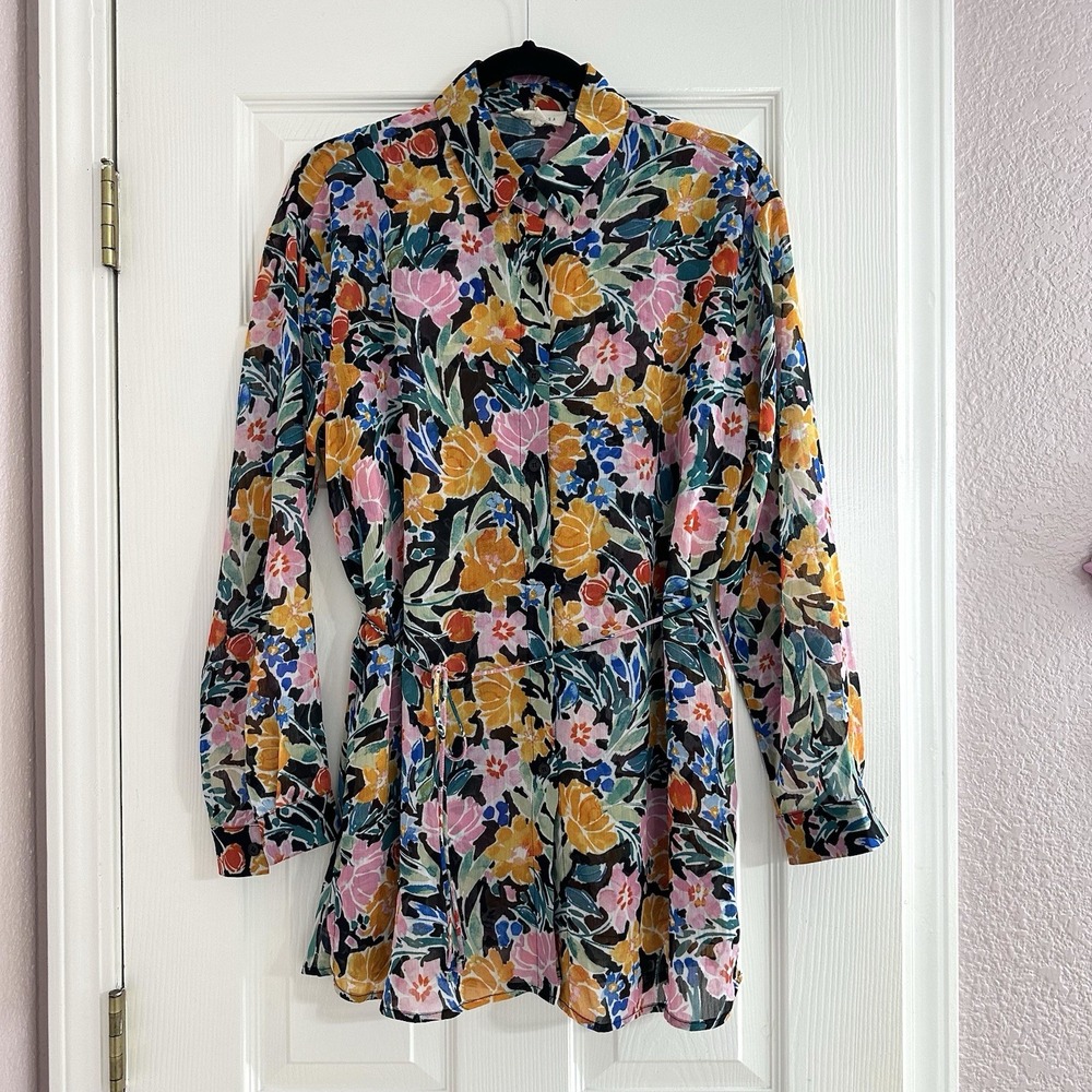 Promesa Tulum Black Floral Chiffon Button-Front Shirt Romper Long Sleeve Small - Picture 4 of 8
